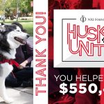 Huskies United logo, Text: You Helped Raise $555,400. Image of a woman sitting with a husky in a red harness