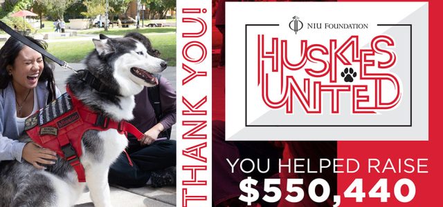 Huskies United logo, Text: You Helped Raise $555,400. Image of a woman sitting with a husky in a red harness