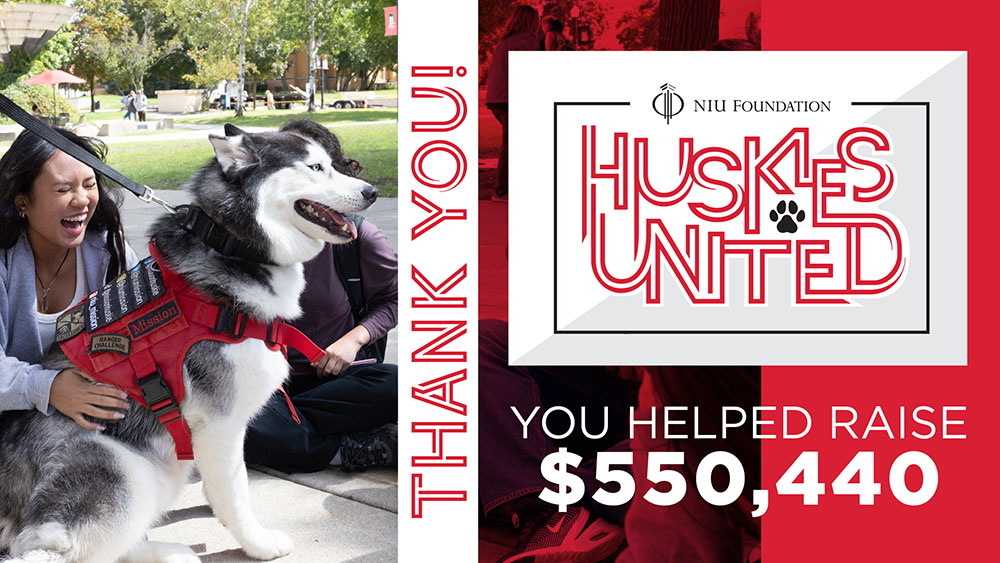 Huskies United logo, Text: You Helped Raise $555,400. Image of a woman sitting with a husky in a red harness